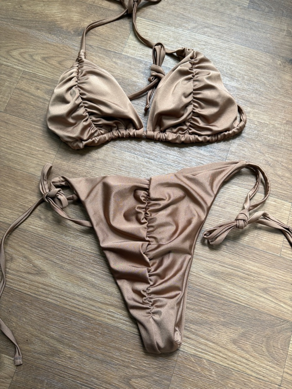 New Womens Large Ruched Triangle Bikini Set in Brown with scrunch butt